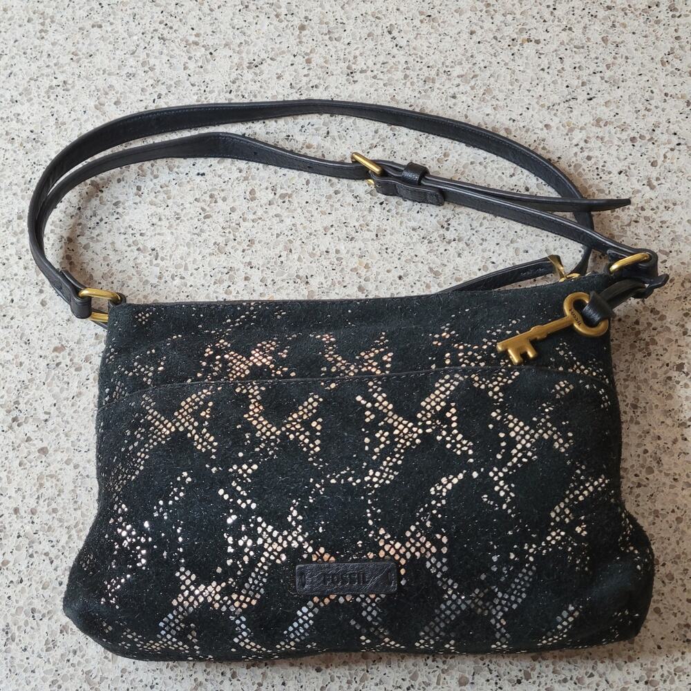 FOSSIL Fiona Leather Suede Silver Metallic Snakeskin Small Crossbody Adjustable - Picture 2 of 12